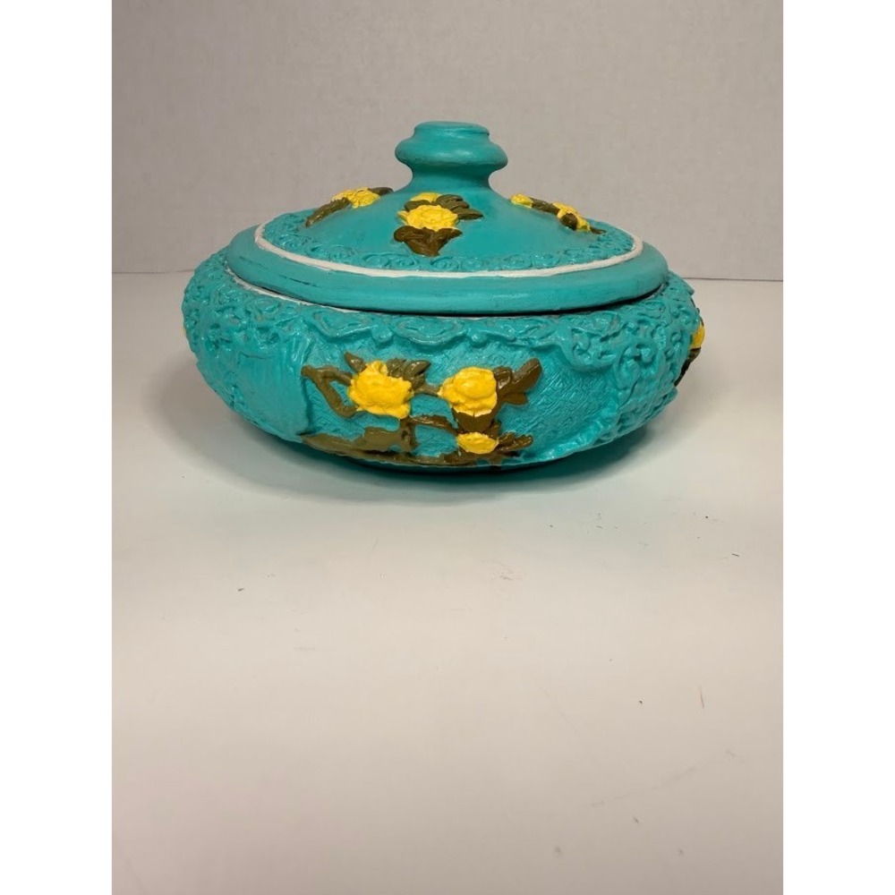 Vintage Turquoise Blue Round Trinket Box Yellow Raised Floral Relief Florentine - Picture 5 of 9